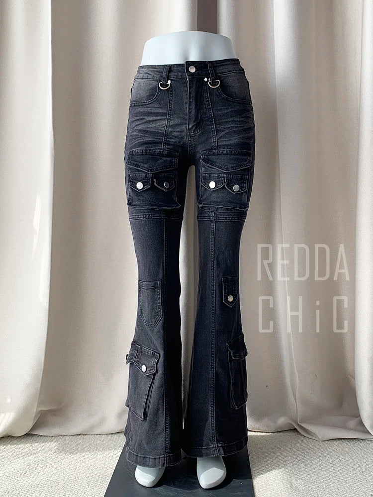 REDDACHiC Black Low Waist Cargo Jeans 2000s Distressed Whiskers Multi-pocket Stretch Bootcut Pants Women Retro Grunge Streetwear