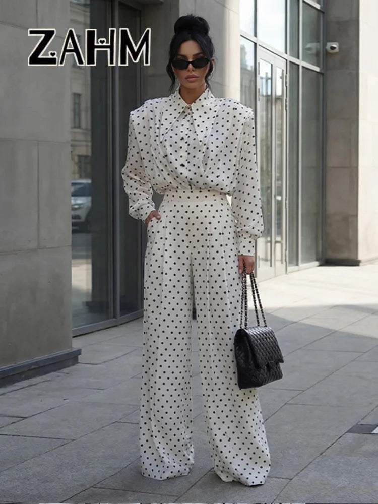 Elegant Dot Shirt Pants Women Set Casual Lapel Button Pleated Blouse Wide Leg Trousers 2026 Spring Summer Chic Lady Outfit New
