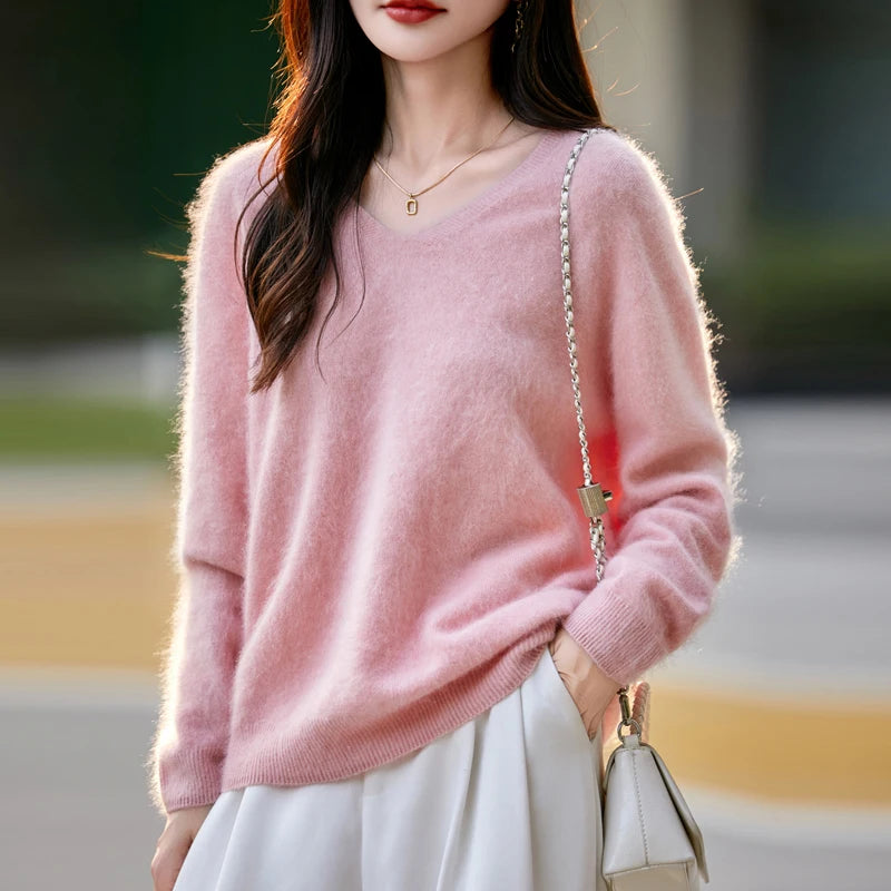 WinvyNee Women Tops Brushed Cashmere Wool Sweaters Winter V Neck Pink Warm Causal Knitted Tops Pullovers Solid Jumpers A1713002A