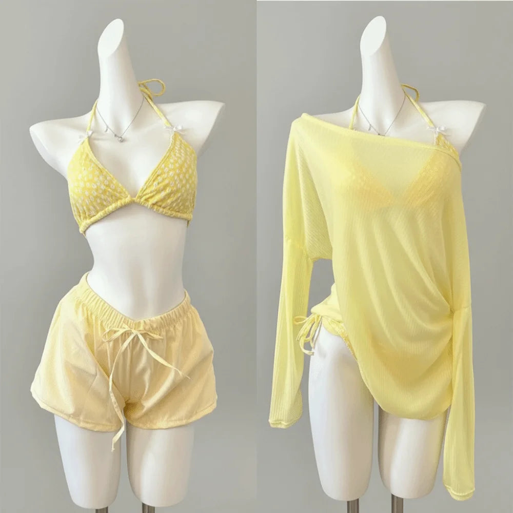 Lace-up Women's Swimwear Set Beachwear Sun Protection 4Pieces Bikini Swimsuit Loose Mesh Transparent Bathing Suit Resort Wear
