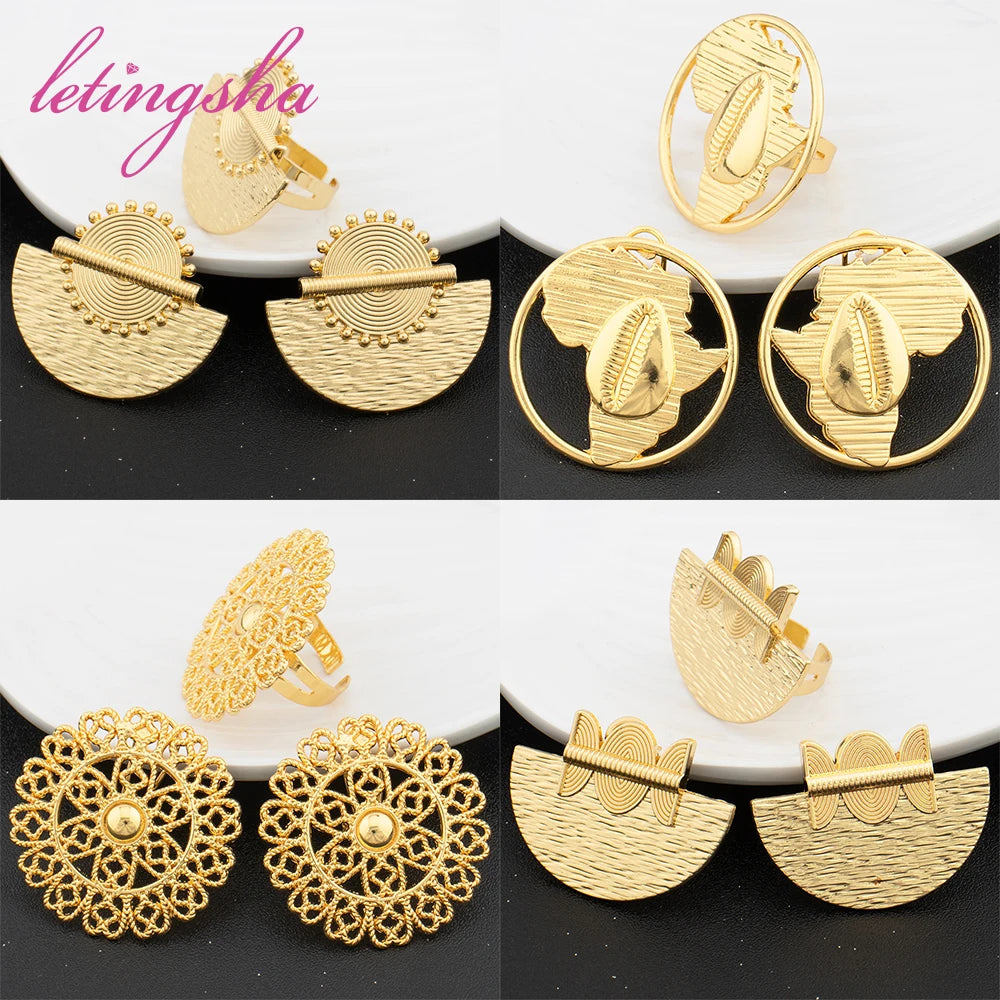 French Fashion New Collecation Jewelry African Gold Color Earrings Rings Sets Dubai Classic Women's Necklace Earrings Set Party
