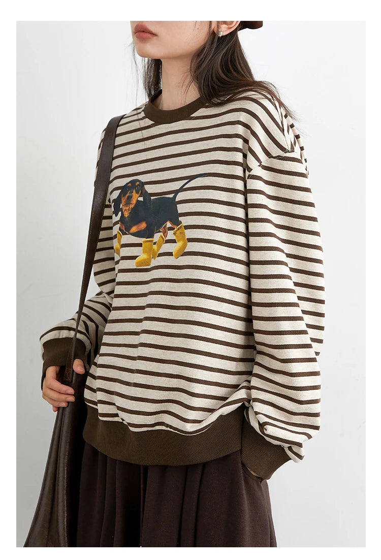 CHIC VEN New Women T-Shirts Loose Casual Round Neck Striped Dog Print Long Sleeved Female Tees Pullover Autumn Winter 2025