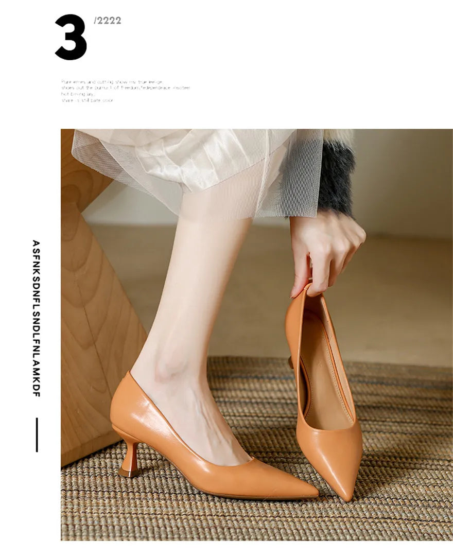 Soft Leather Concise Ladies Office Shoes 2026 Spring Shallow Comfort 6.0cm High Heels Women Pumps Dress Pointy Toe Wedding Shoes