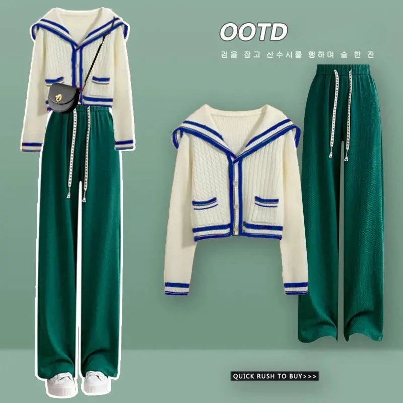 Knitted Spring Preppy Style Sailor Neck Women's Knitted Cardigan Elastic Wide Leg Pants Long Sleeve Korean Sportswear Set