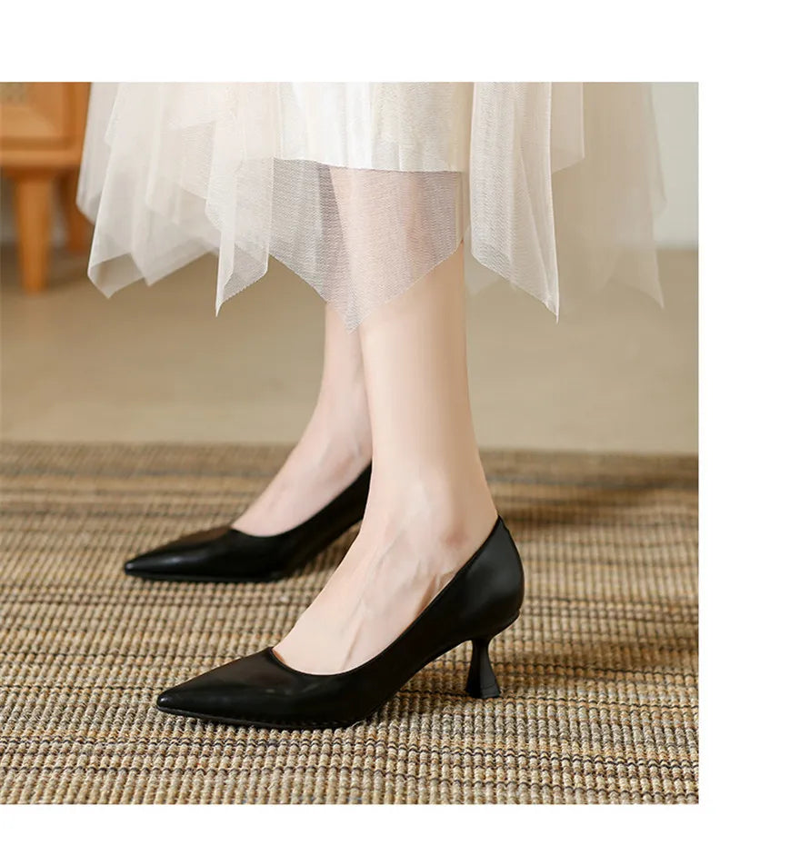 Soft Leather Concise Ladies Office Shoes 2026 Spring Shallow Comfort 6.0cm High Heels Women Pumps Dress Pointy Toe Wedding Shoes