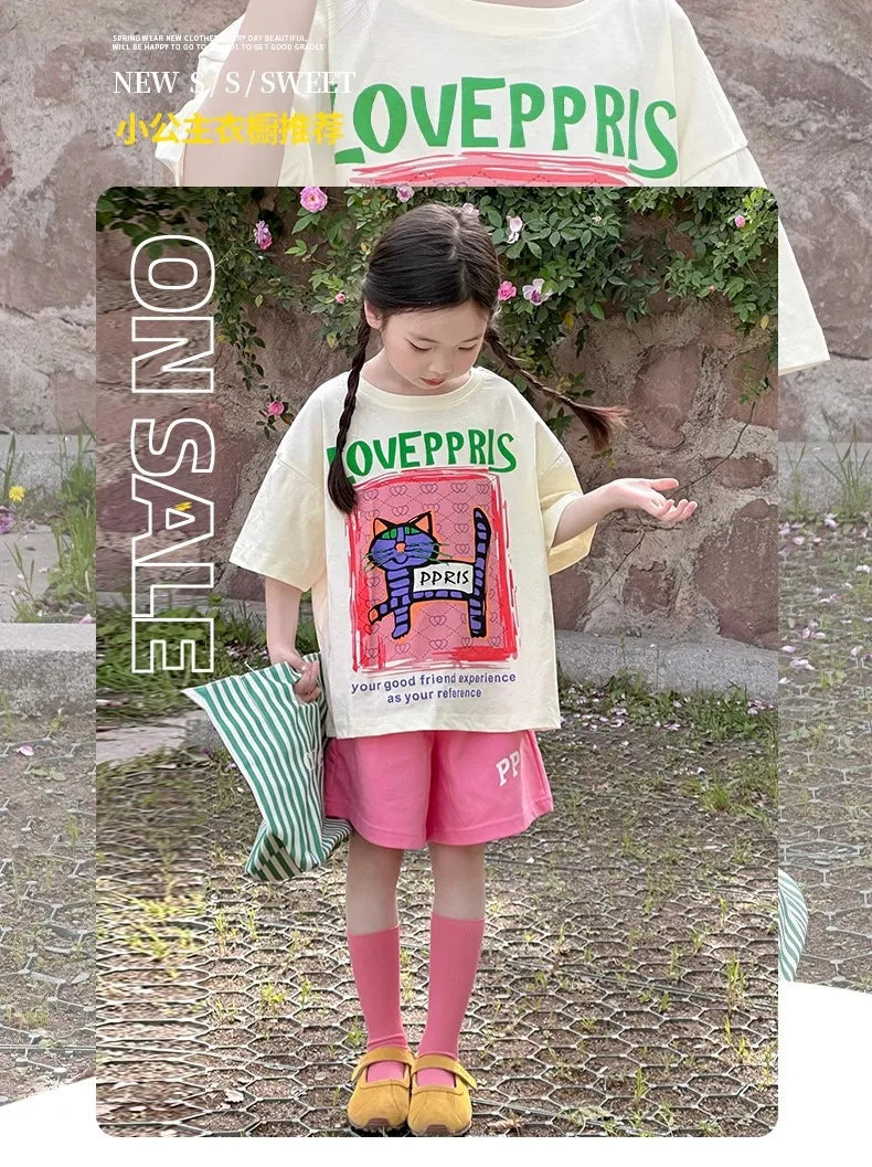 2026 New Children's casual Set Summer fashion girls' internet-famous sporty short-sleeved pants summer wear 4-14Years old girls