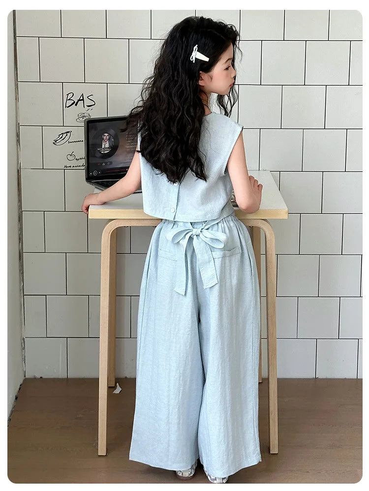 Vest Suit Solid Color Simple Casual Loose All-match 2025 Summer New Fashion Vest Wide Leg Pants Two Piece Set