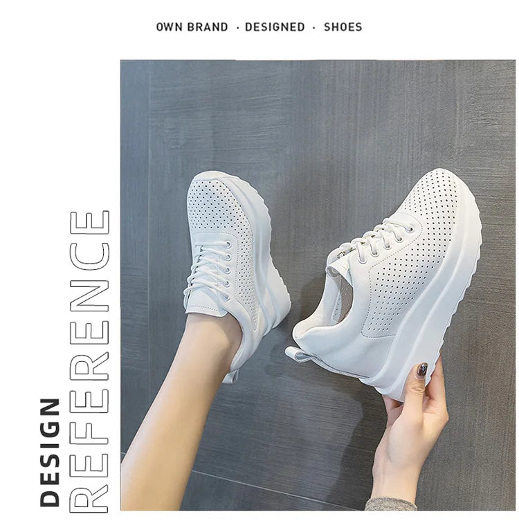 10cm Genuine Leather Women Vulcanize Women Summer Hidden High Heels Platform Wedge Spring Autumn Chunky Sneakers Shoes