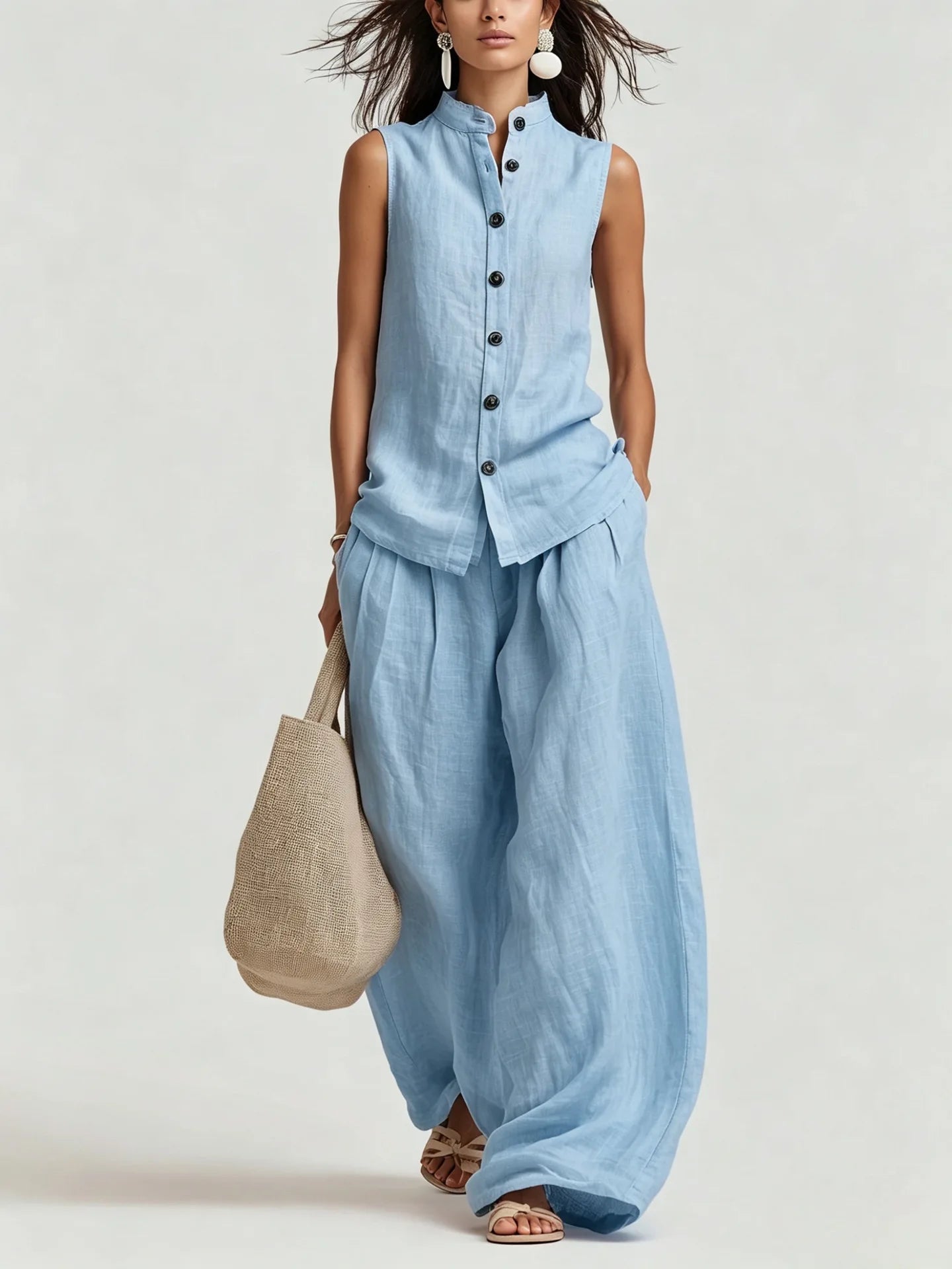 Women's Cotton Linen Vest Top and Long Pants Matching Set Casual Jumpsuit Playsuit