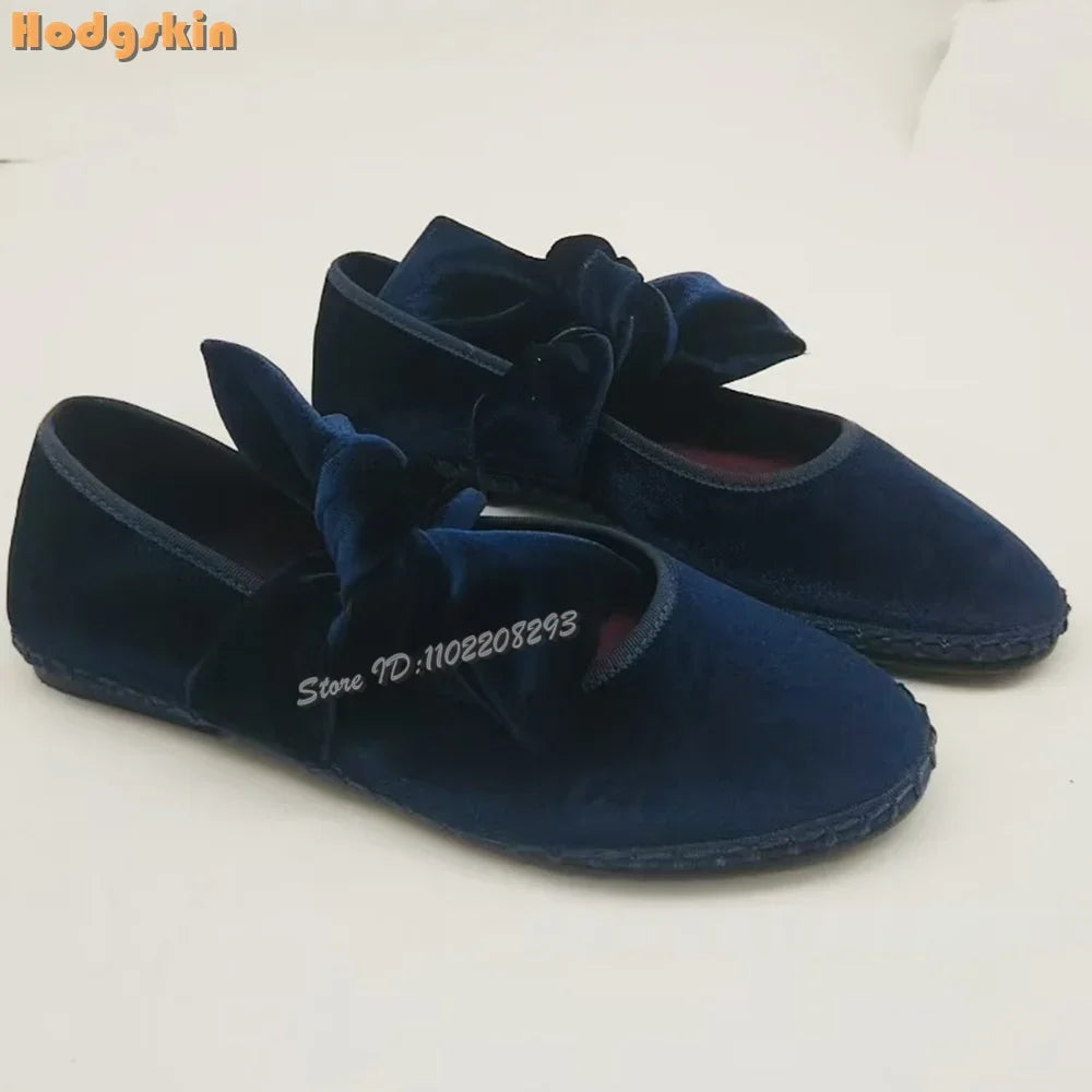 Velvet Bow Flat with Shoes Retro Round Toe Shallow Lace-up Mary Janes Butterfly-knot Daily Shoes Korean Style Design 2025 Women