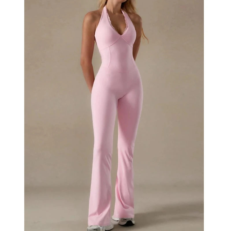 2025 new women's dress features a sweet and spicy style with a sexy halter neck, lace trim, sleeveless backless V-neck jumpsuit
