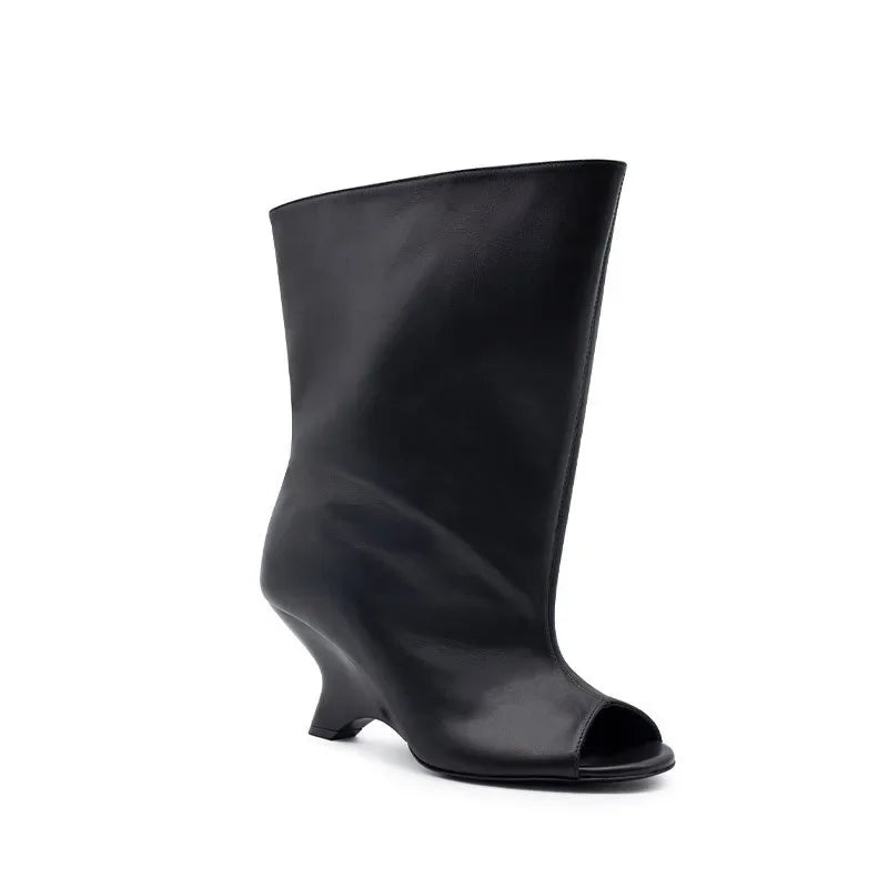 2025 European AndAmerican Nichedesign Versatileopen Toe Long Tube Cool Boots for Women, Crocodile Patterned Irregular High Heels
