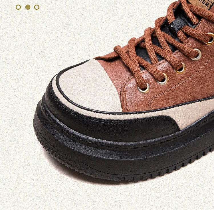 Myjyjz 4.5cm Cow Genuine Leather Women Spring Platform Wedge Flats Chunky Sneakers Lace Up Autumn Loafer Vulcanize Shoes Rubber