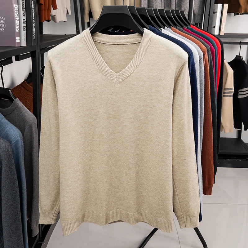 2026 Men's V-Neck Basic Solid Color Sweatshirt Warm Autumn Knitted Oversize Pullover Elastic round Neck Sweater for Casual Wear BAZAARHUBO