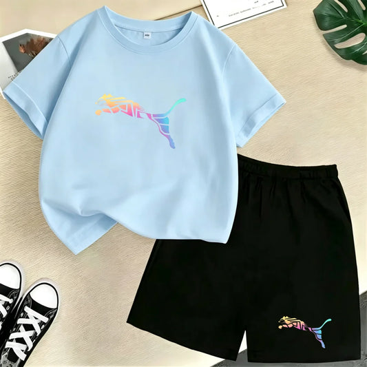 Kids Summer Casual Round Neck T-shirt Colorful Gradation Animals Boy Girl3-12Yrs Short-Sleeved+Shorts Fashion Sports Clothes Set