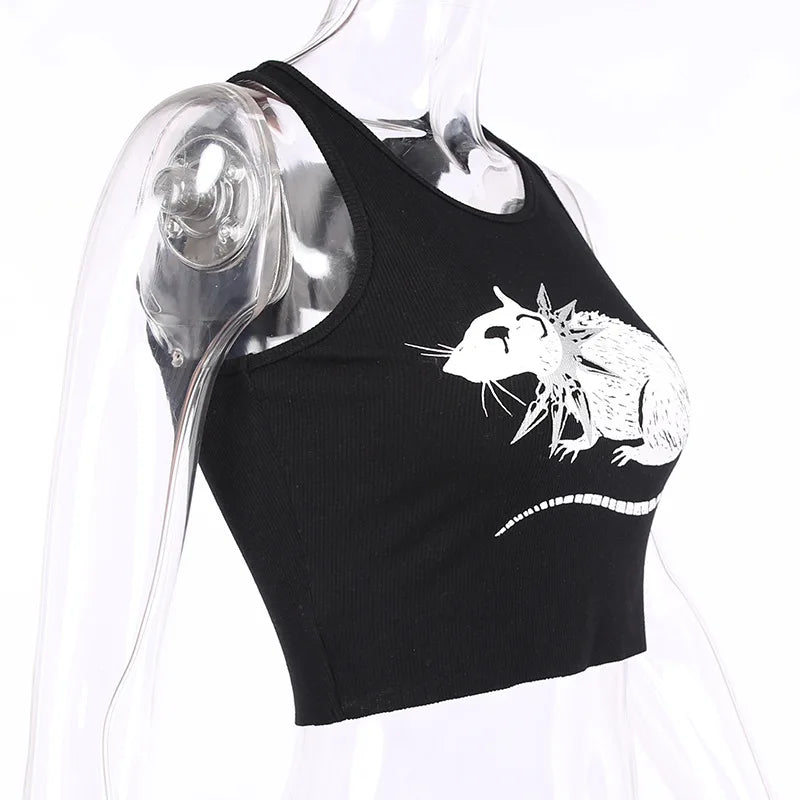 Mouse Print Black Tank Goth Sexy Bodycon Cropped Tops Women Streetwear Harajuku O Neck Knitted Basic Tank Top