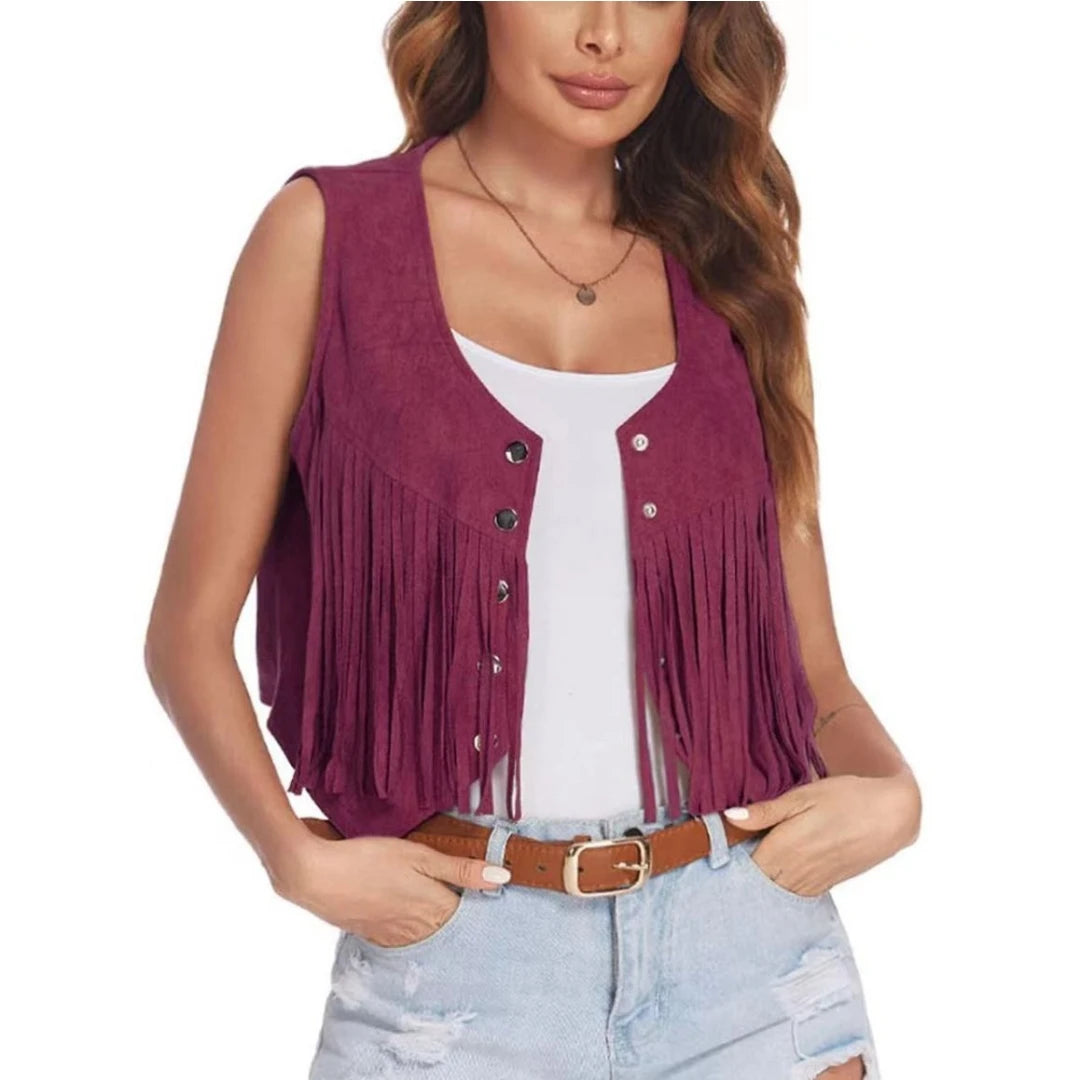 Women Faux Suede Ethnic Sleeveless For Jacket Rivet Fringe Tassels Hippie Open Front Cardigan Vintage Cowgirl Waistcoat Vest