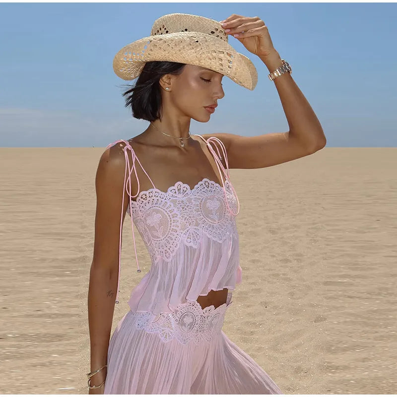See Through Lace Vest Pant Set Women Beach Sling  Tops Pleated Straight Pants 2026 Summer Vacation Hollow Out Lady Suits