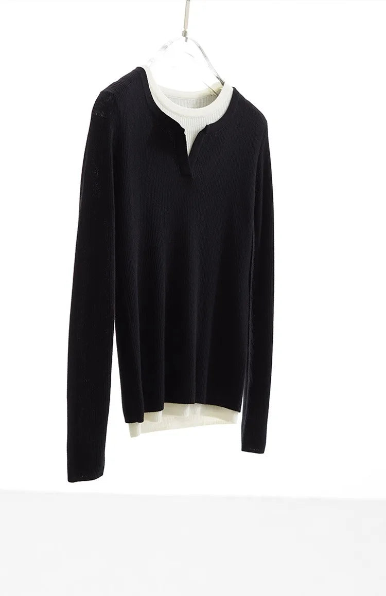 Super Comfortable to Wear~ 2025 Autumn and Winter New Style Faux Two-Piece Knit Sweater for Women, High-End Wool Sweater Top