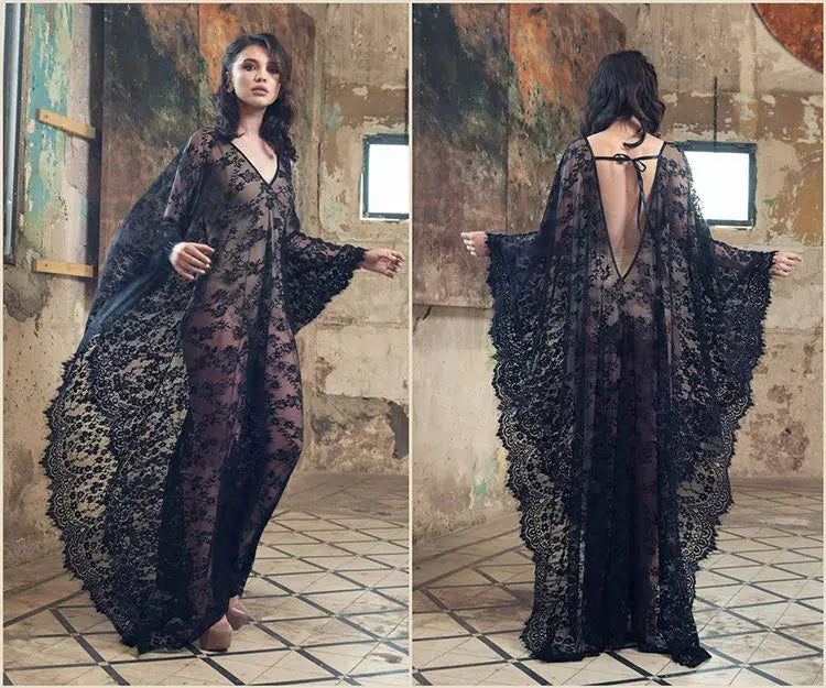 Sexy Lace Beach Bikini Cover Up Robe Pareo Beachwear Swimwear Women Dress Black White Swimsuit Hollow Out See-through Vacation