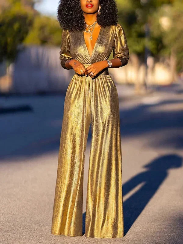 Uoozee Female Fashion Sexy Deep V-neck High Waisted Wide Leg Jumpsuits 2025 New Long Sleeves Solid Color Loose Party Outfits BAZAARHUBO