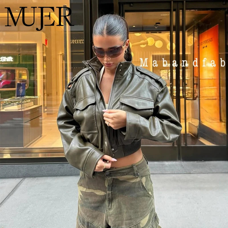 Mujer Faux Leather Cropped Bomber Jacket For Women Zipper Front Coat