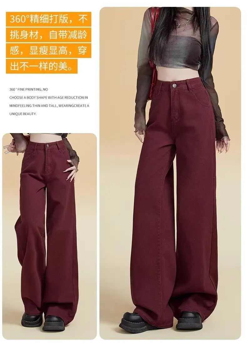 Women's Street Style Wide Leg Red Jeans American Vintage Casual Denim Trousers Female High Waist Loose Straight Pants