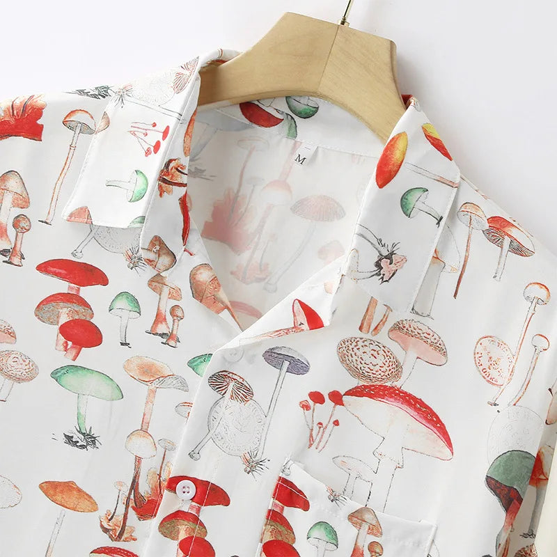 New Summer Men Hawaiian Style Shirt Fashion Casual Streetwear Turn-down Collar Short Sleeve Cartoon Mushroom Beach Printed Shirt