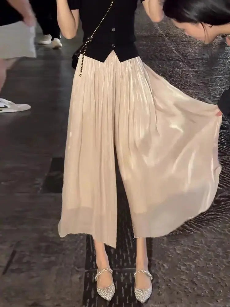 Summer Flowing Ice Silk Wide Leg Pants Women's plus Size Slimming Miniature Eighteen Skirt Pants High Waist Straight Leg Pants