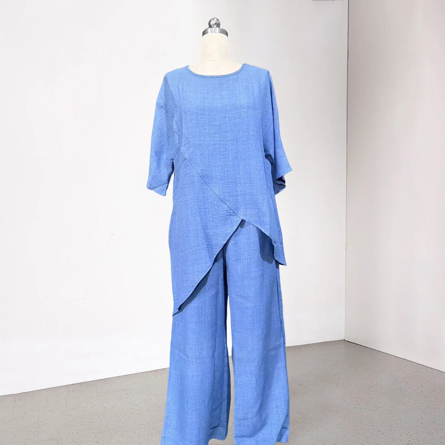 Women's Cotton Linen 2-piece Sets Large Size Casual Wear Sportswear Suit Short-Sleeved O-Neck Top Wide Leg Pants Suits For Women