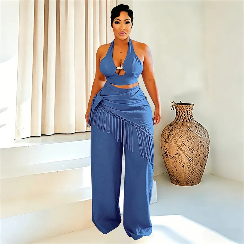 Sexy Two Piece Sets Woman Festival Outfit Birthday Club Party Bandage Halter Backless Crop Top and Tassel Pants Matching Sets