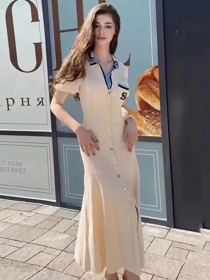 Summer Elegant Slim Knitted Long Sleeve Dress For Women Single Breasted White