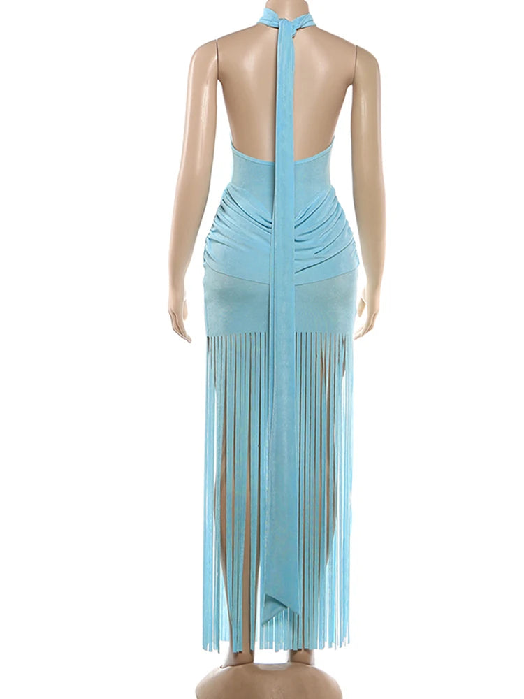 Weird Puss Velvet Halter Dress Women Ruched Patchwork Tassel Hem Backless Bodycon