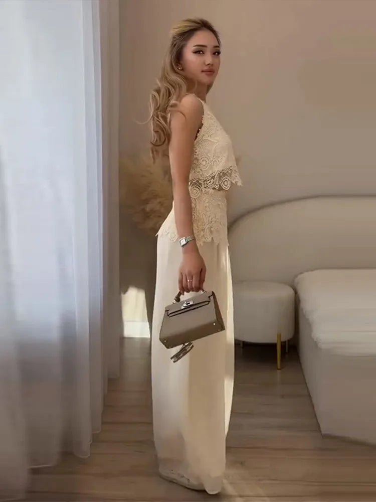 Casual Lace Tops Pants Sets Women O Neck Sleeveless High Waist Wide Legs Outfits Female 2026 Summer Beach Vacation Solid Suits