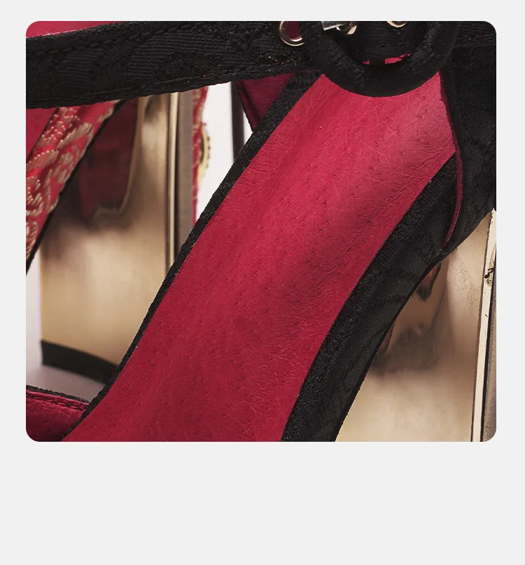 Light Blue Silk Women T-strap Pumps Platform Metal Flowers Decor Wine Red Wedding Shoes 10cm Fretwork High Heels Chaussure Femme