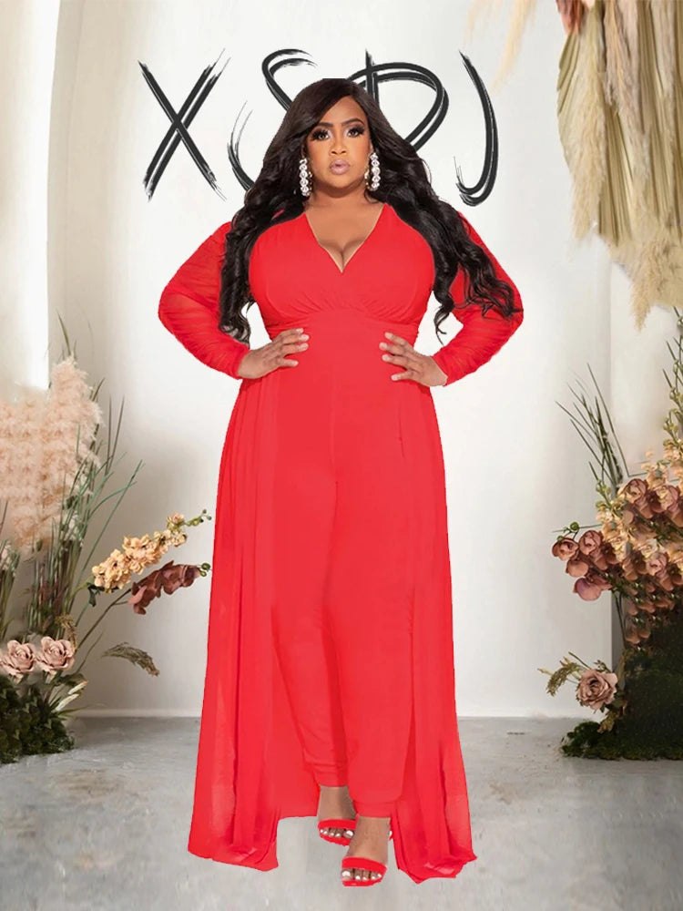 2 Piece Sets Women Outfit Mesh Lace Sleeves Elegant Pants and Blouse Set Sexy Curve Plus Size Clothes Wholesale Dropshipping