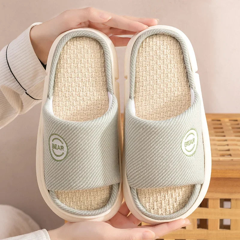 Couples Home Linen Slippers Women Indoor Soft Comfortable Bedroom Slides Men Leisure Non Slip House Shoes Platform Cotton Flats