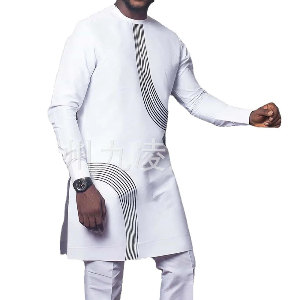 Ethnic Style African Tribal Men Shirts Round Neck Long Sleeve Business Casual Slim Blouses Comfy Traditional Long Tops Gentleman