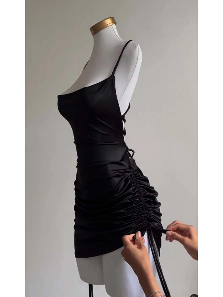 Sexy Sleeveless Backless Bodycon Mini Dress Women Lace Up Party Black Y2K 2025