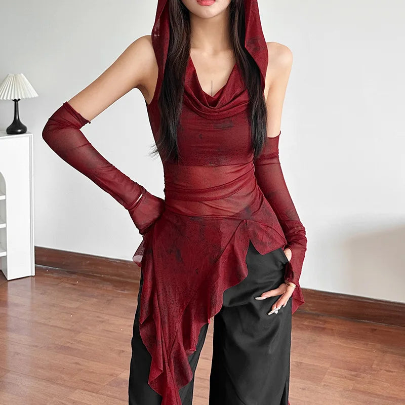 Streetwear 90s Grunge Mesh See Through Hooded Tops Cyber Y2K Irregular Hem Ruffles Hoodie Women Slim Blouse with Cuffs