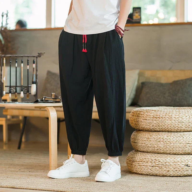 Men's Casual Solid Color Harem Pants Cotton and Linen Loose Oversize Beach Pants Jogger Sweatpants Male Wide Leg Trousers