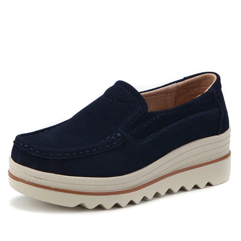 Women's Spring Autumn Genuine Leather Loafers - Fall Slip-On Round Toe Navy Platform Casual Flat Shoes