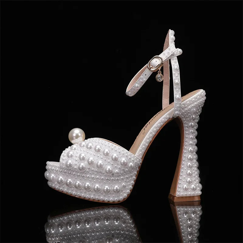 Maogu Women Sandals Fashion High Quality Wedding Shoes Women New Pearls Studs Luxury Peep Toe High Heels Buckle Woman Sandal 43