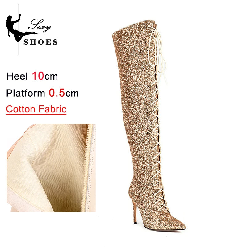10CM Night Club Over The Knee Boots Sequins Thin High Heels Fashion Lady Pointed Long Boots Autumn Winter Party Shoes For Women