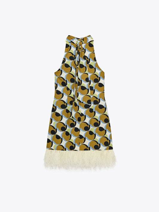 Street Style  Dress Feather Adornment Geometric Pattern Print Sleeveless Natural Waist Vest Dress Women's Summer Casual