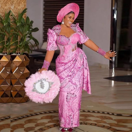 Nigerian African Prom Dresses Long Sleeves Pink Beading Aso Ebi Formal Evening Gowns Beaded Lace Illusions Evening Dress