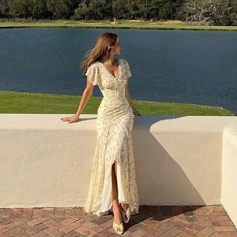 Vintage Print High Neck Midi Dress Belted Waist Bell Sleeve Flared Hem 2026 Summer Spring Chic Women Elegant Wedding Guest Gown