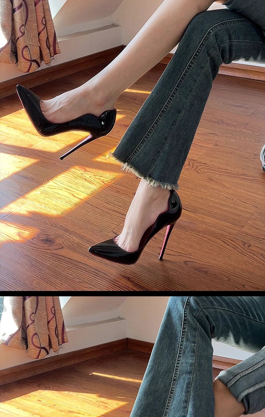 2024 New 12cm Super Shallow Mouth Black Red Sole High Heels Women's Thin Heels Sexy Pointy Large Size Single Shoes