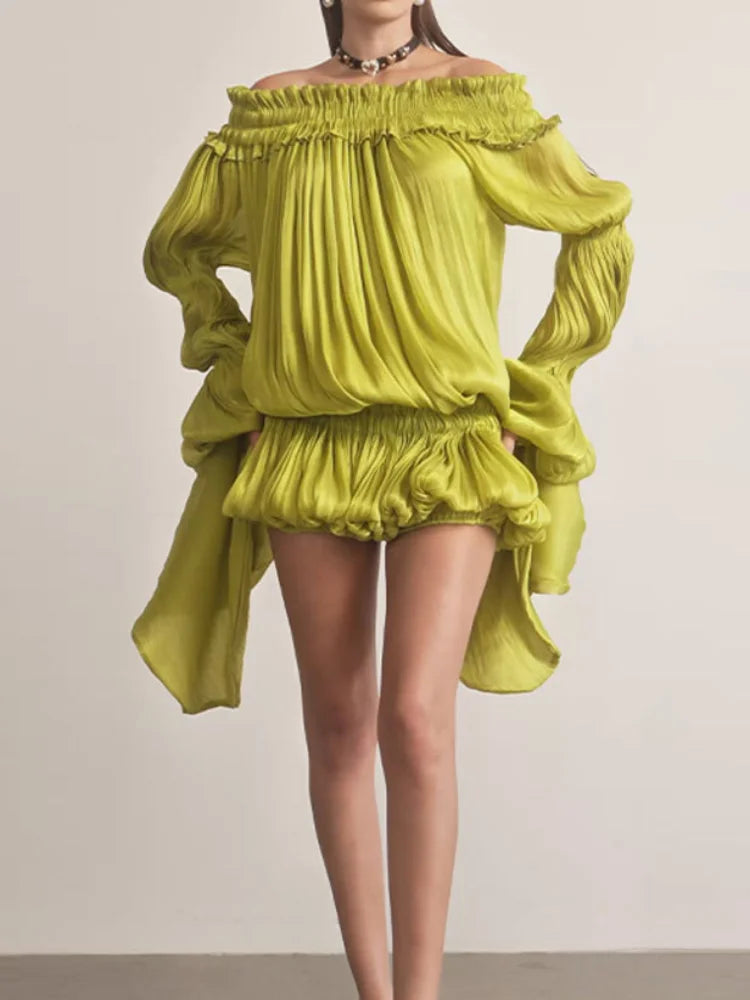 Women's Y2k Off Shoulder Pleated Mini Dress Elegant Lime Green Flare Long Sleeve Ruffle Hem Bubble Vestidos Date Party Dresses
