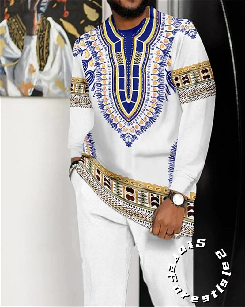 African Clothing Set for Men Tracskuit Set Casual Walking Suit Ovrersize Streetwear Long Sleeve T-Shirt Trousers Outfit 2-piece